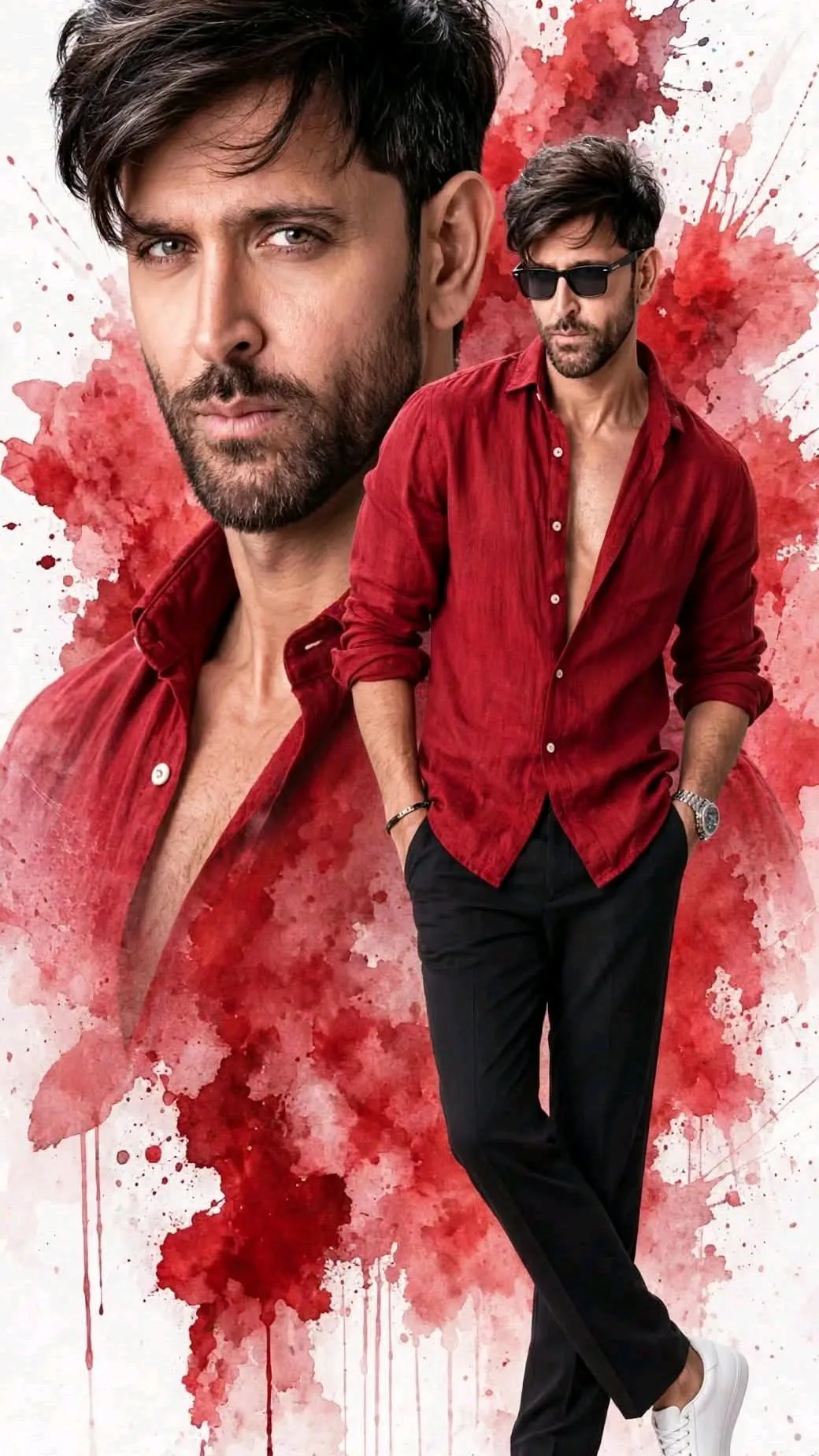 A creative double-exposure fashion poster featuring a handsome South Asian man with green-hazel eyes, a rugged beard, and an elegant