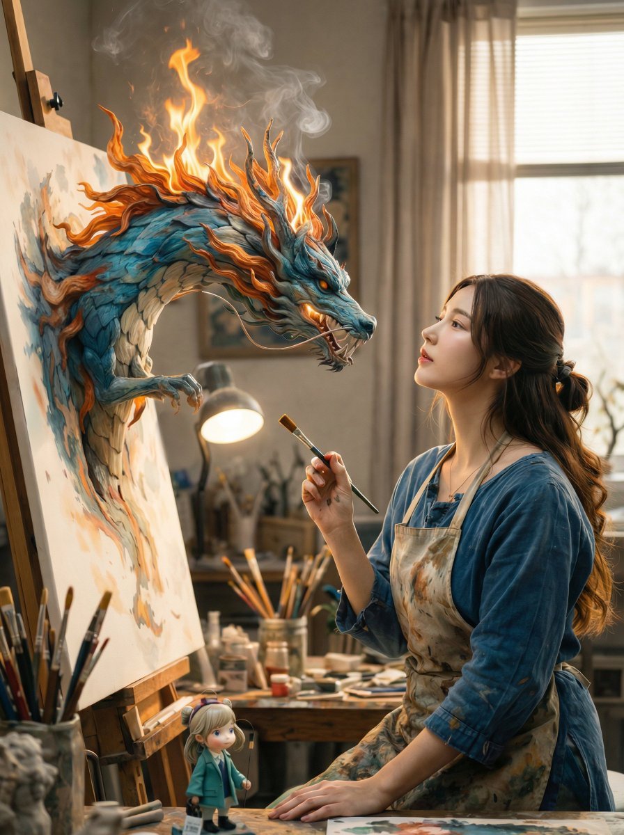 A cinematic fantasy scene inside a cozy artist’s studio.