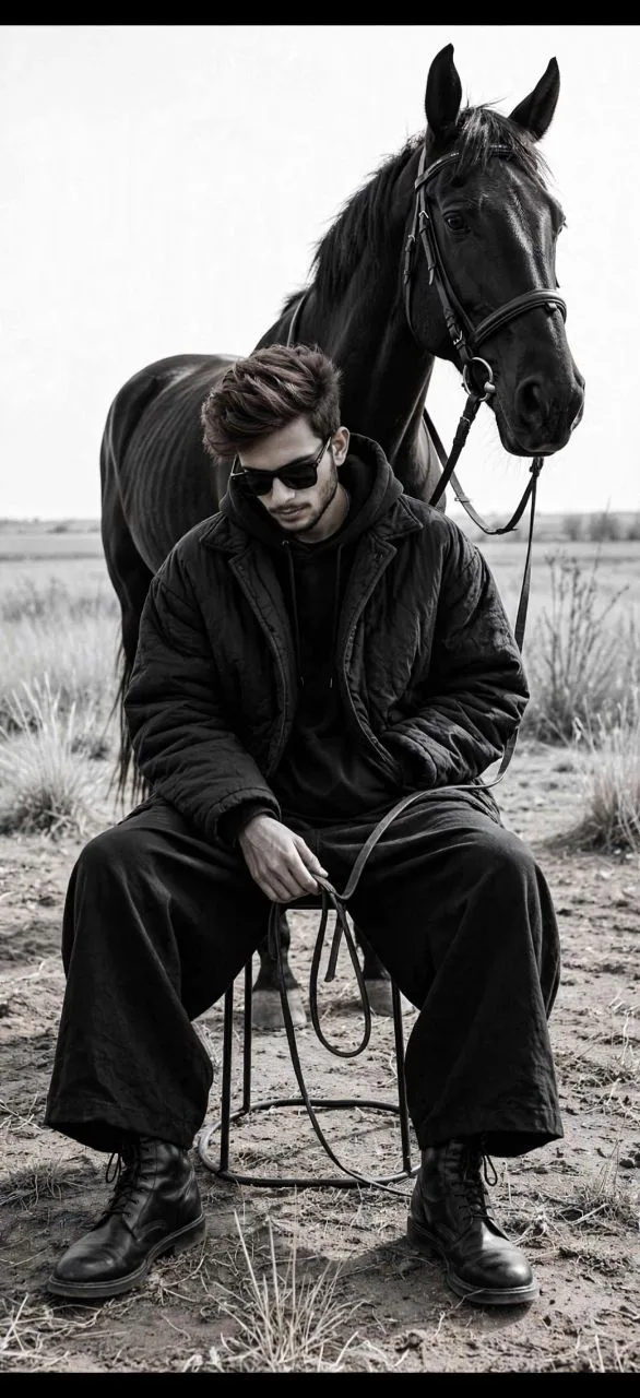 A stylish young man with messy hair and black sunglasses sitting on a small stool in a dry open field, wearing all black outfit - oversized