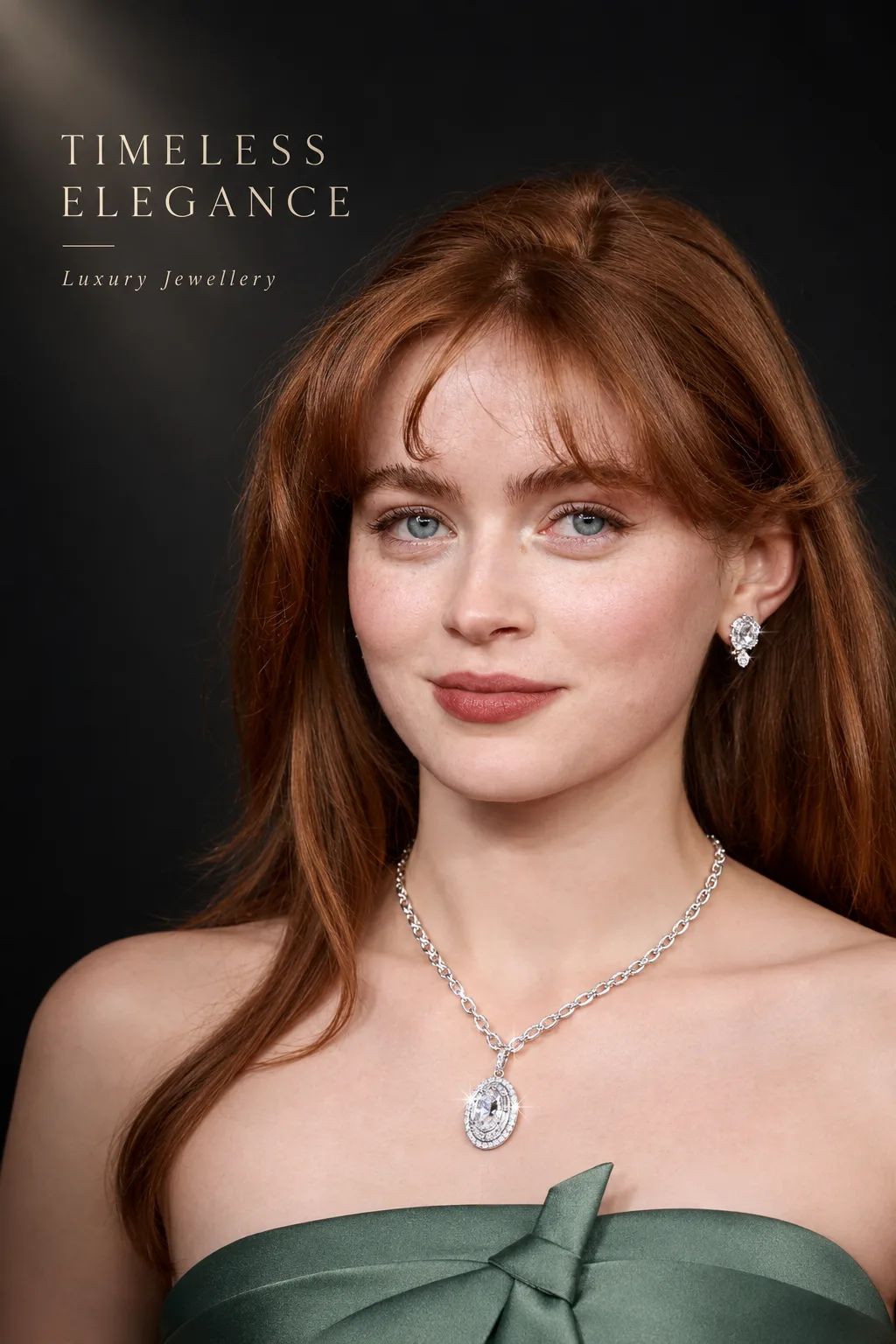 Create a high-end luxury jewellery advertisement featuring an elegant young woman with long auburn hair and soft bangs, wearing a
