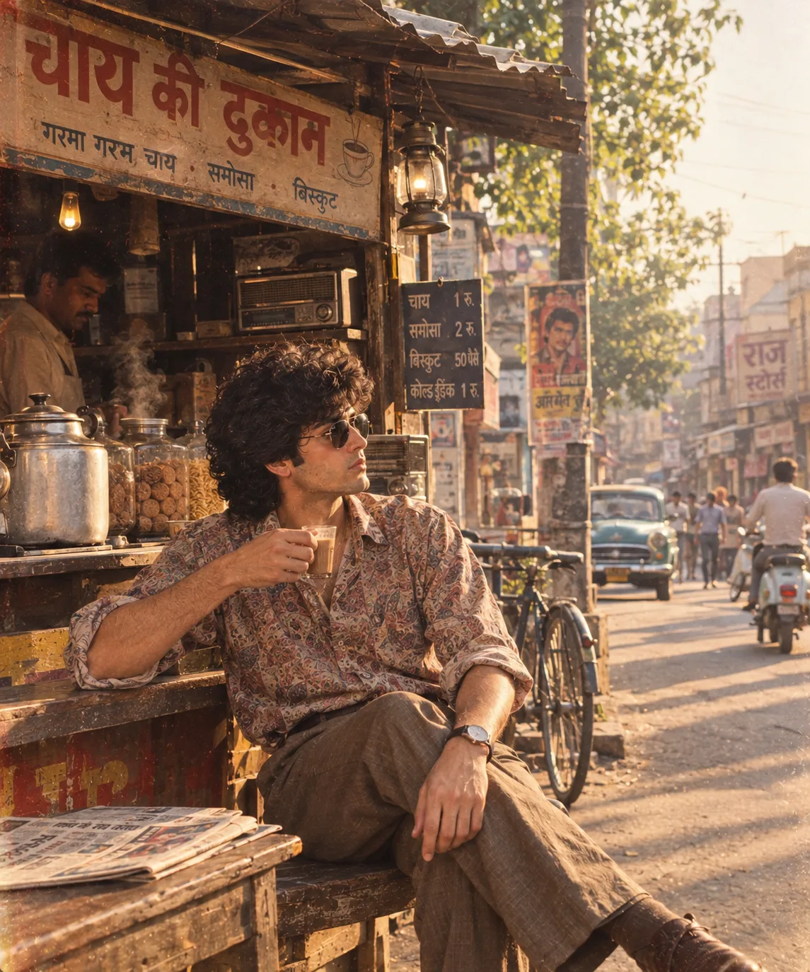 Photorealistic cinematic 1980s Indian roadside chai stall scene featuring a young person sitting casually on a simple wooden bench beside a