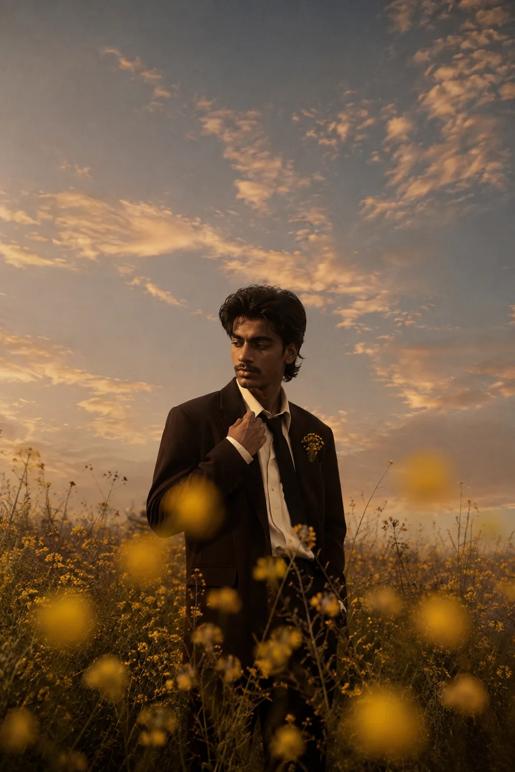 Ultra-realistic cinematic editorial fashion photograph of a young adult man standing naturally in a vast wildflower meadow during golden