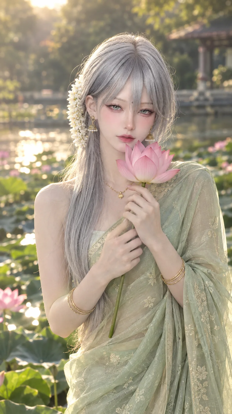 Create an ultra-realistic, high-resolution cinematic portrait of a beautiful young South Asian woman standing beside a serene lotus pond,