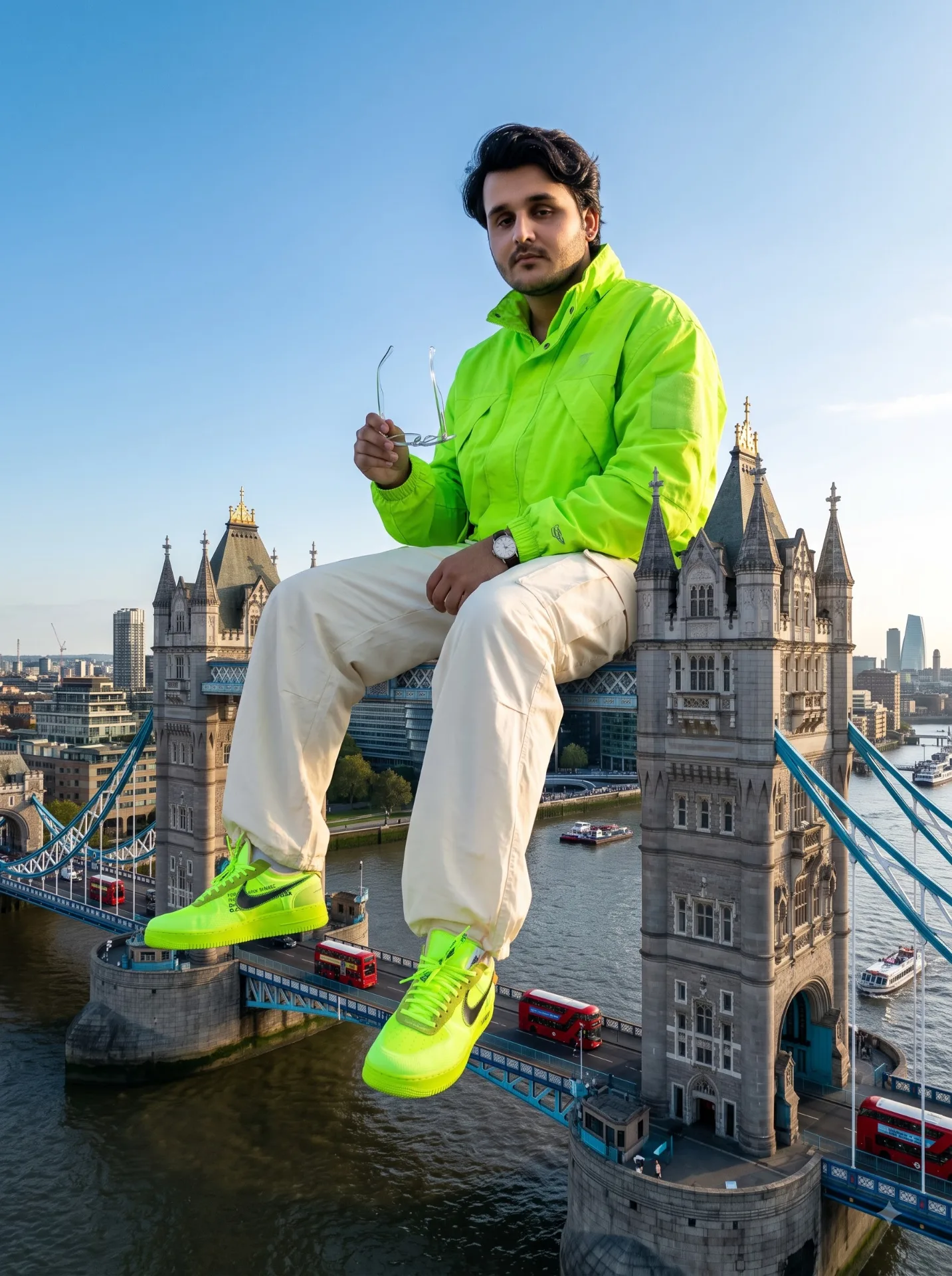Epic ultra-wide cinematic surreal fashion editorial, monumental giant-scale photography in London, a colossal person casually sitting high