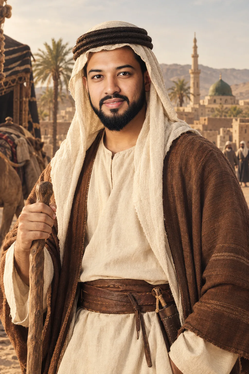 Transform my uploaded photo into a historically inspired vintage portrait set in 6 AH (628 CE), Medina.