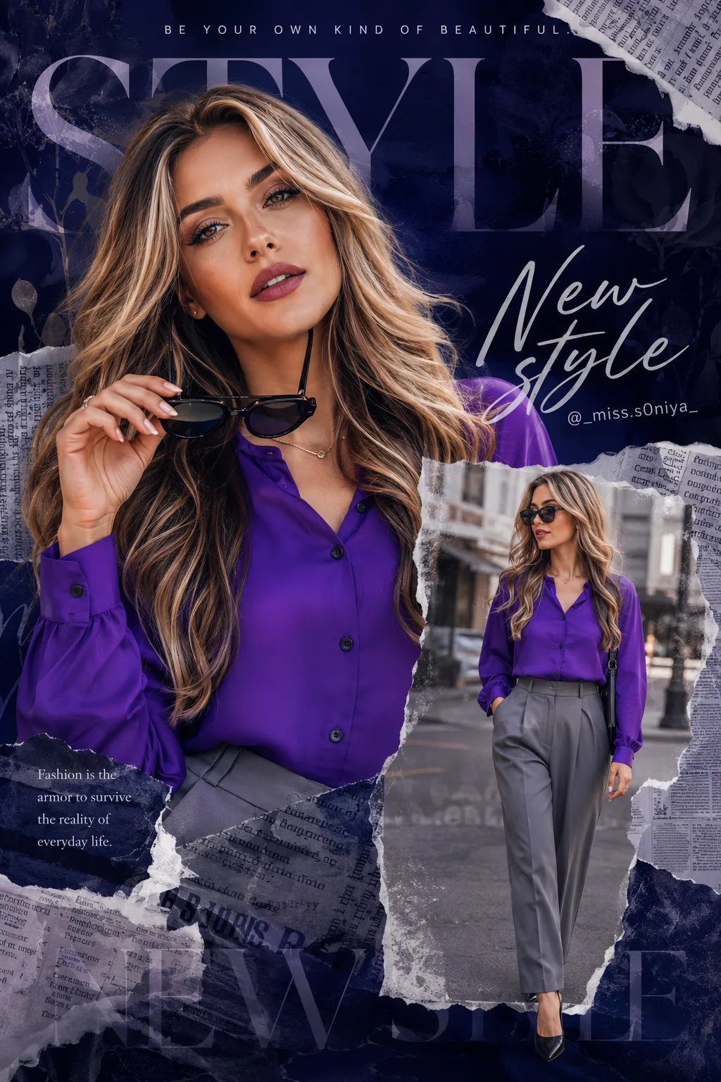 NEW TRENDING PRONT poster of a glamorous blonde woman with silky caramel-black hair, wearing a cobalt- purple normal size shirt and gray