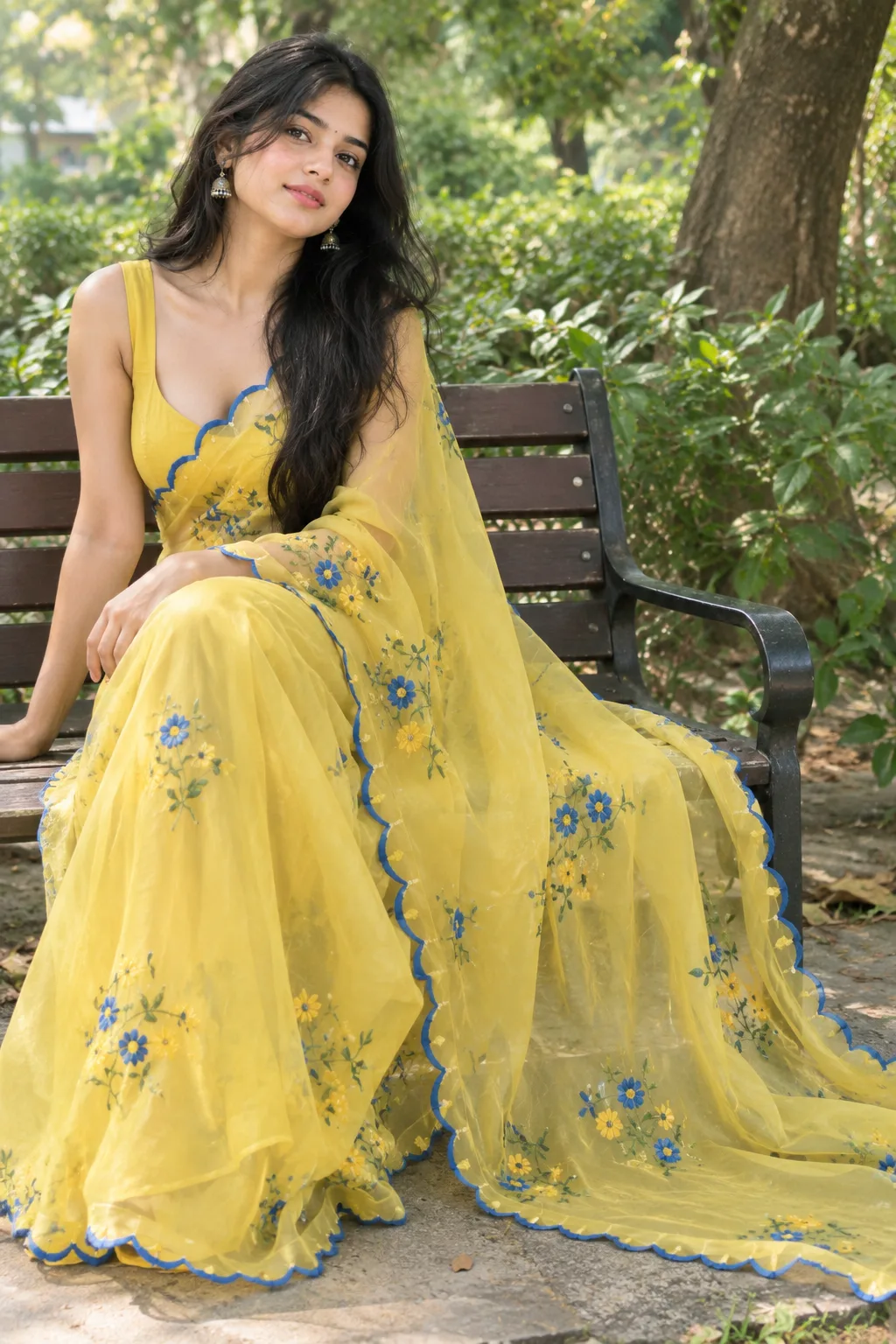 Create an image shows a woman outdoors, sitting on a bench in a natural setting.