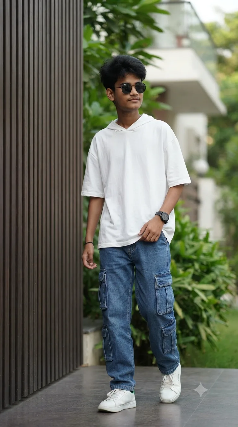 Create an ultra-realistic 8K cinematic full-body fashion portrait of a clearly youthful 14-year-old South Asian boy, vertical 9:16.