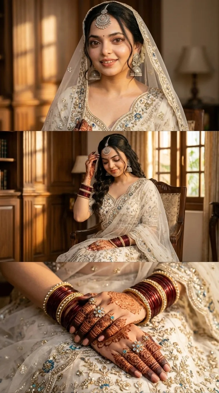 Ultra-realistic vertical 9:16 bridal triptych of the same young South Asian woman, wearing a delicate ivory-white embroidered outfit with