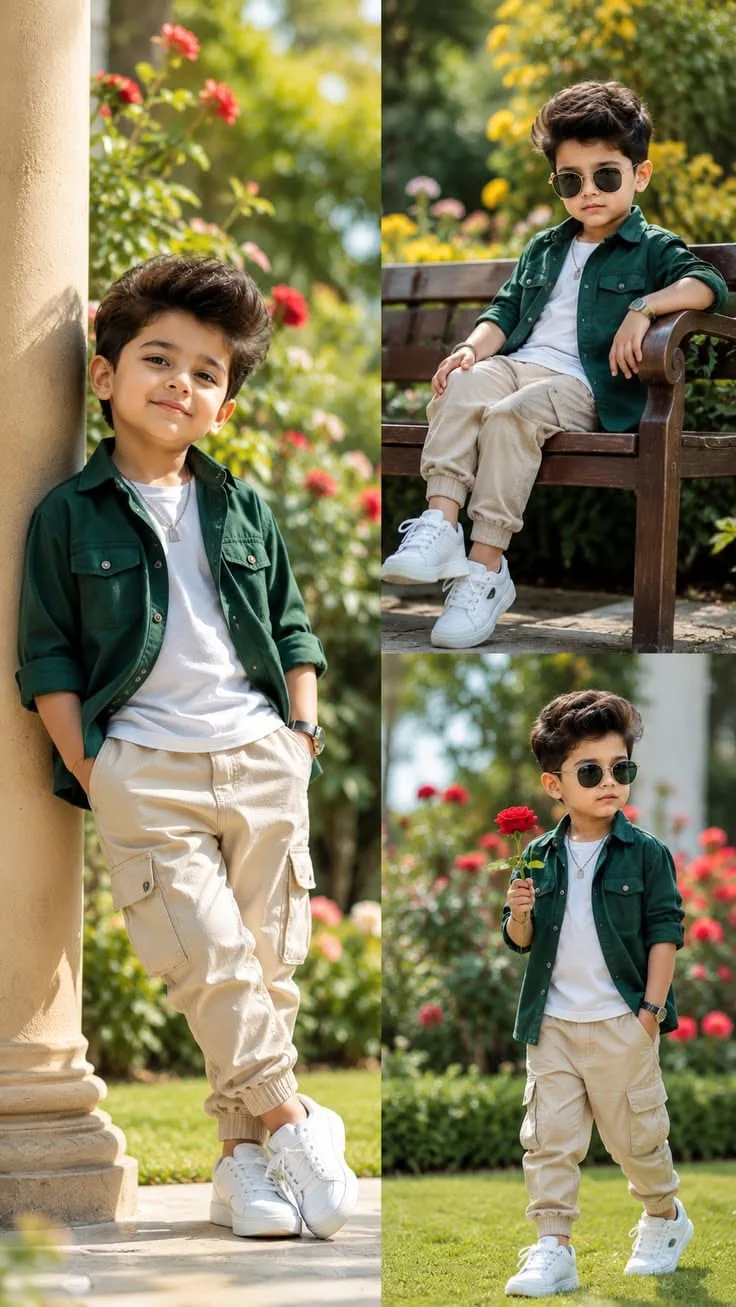 An absolute visual masterpiece, hyper-photorealistic and ultra-detailed multi-pose kids fashion photography lookbook collage capturing an