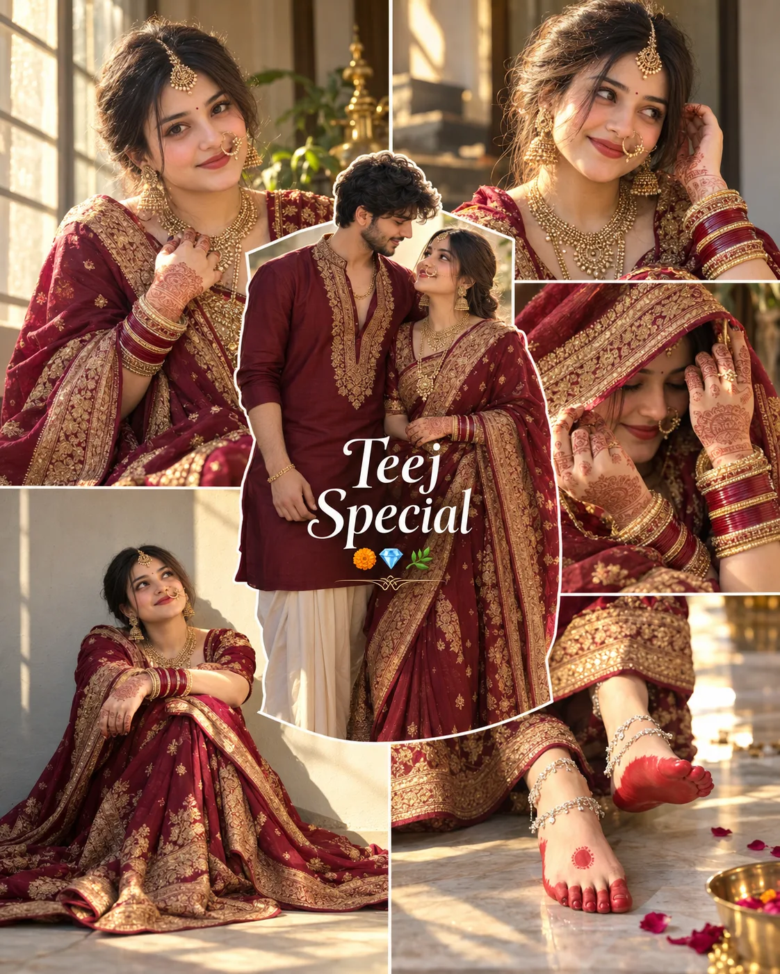 Ultra-realistic Instagram-style photo collage in 4:5 portrait ratio, soft warm window light with dramatic light rays, rich maroon-red and