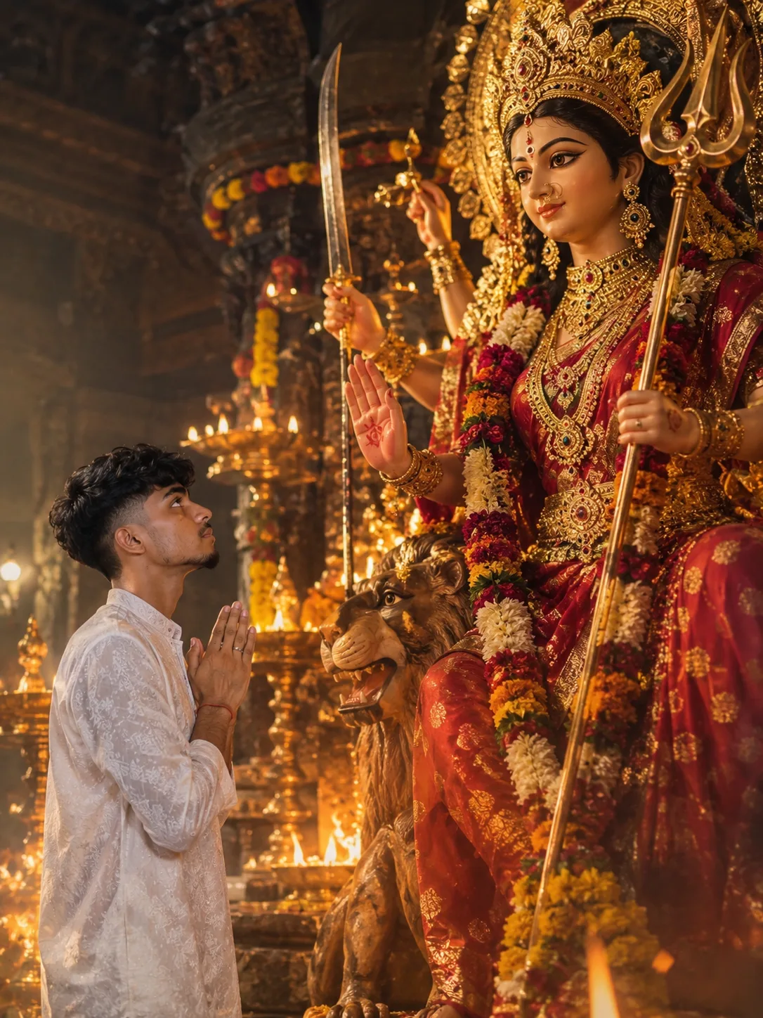 A photorealistic, cinematic image of a young boy standing respectfully in front of a majestic, real-life Goddess Maa Durga.