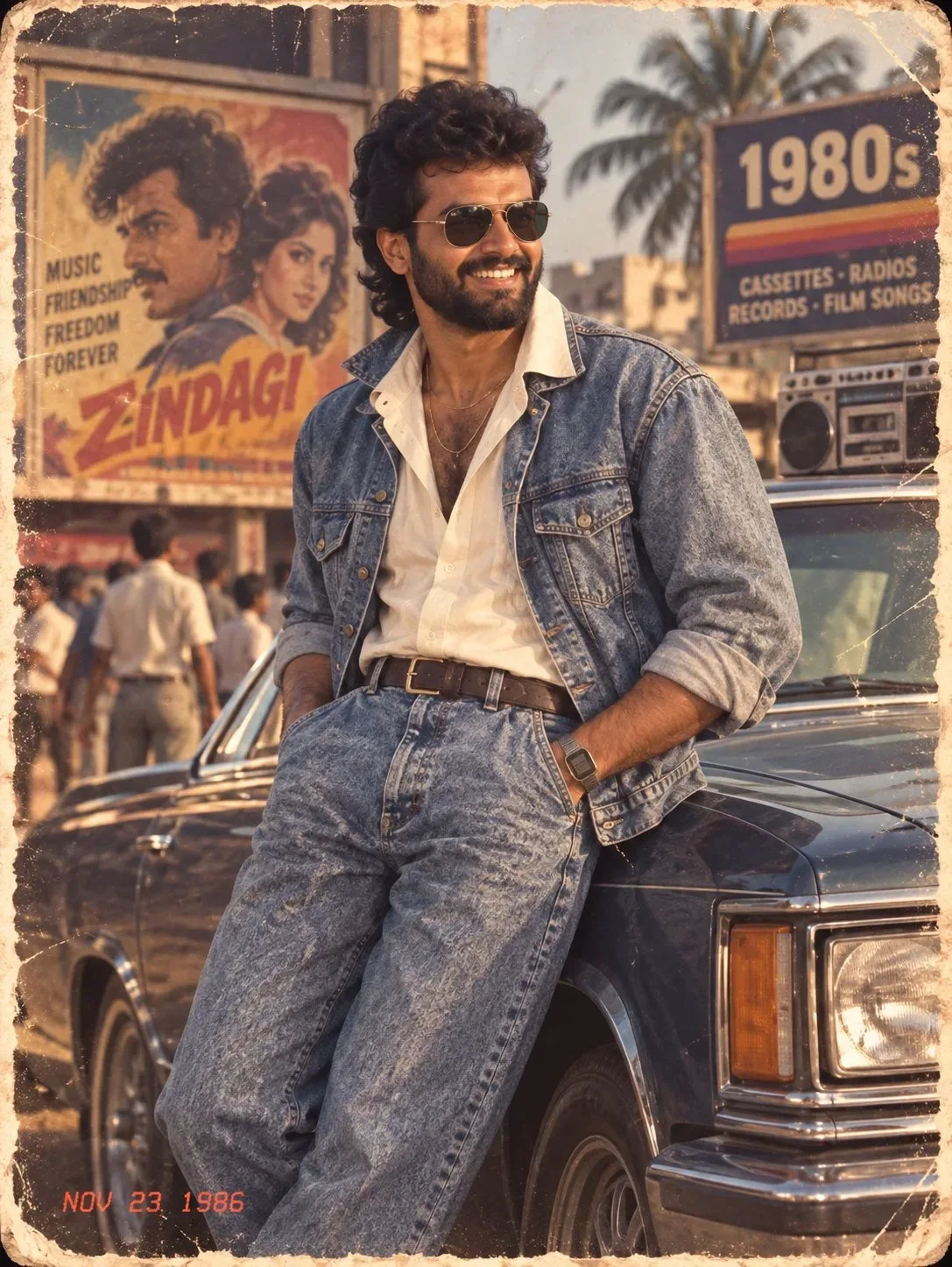 Create an ultra-realistic vertical vintage 1980s Indian street-fashion portrait that looks like a genuine physical 35mm photograph taken on