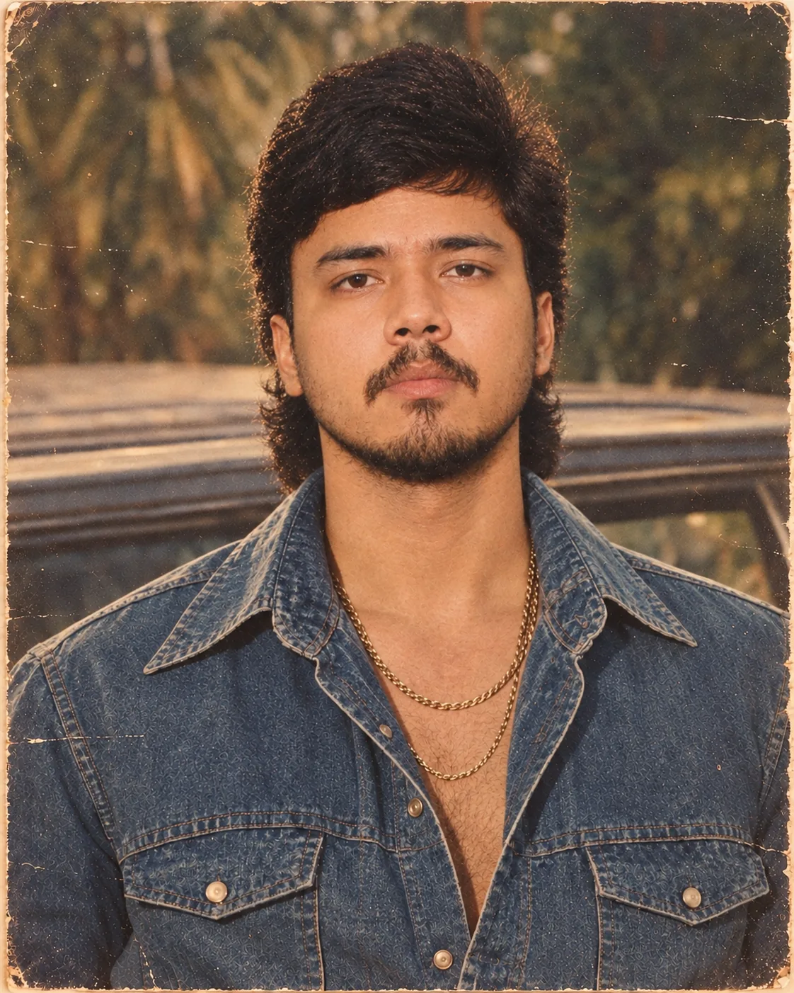 Create an ultra-realistic vintage 1970s-style portrait of a young South Asian man standing outdoors in front of a softly blurred natural