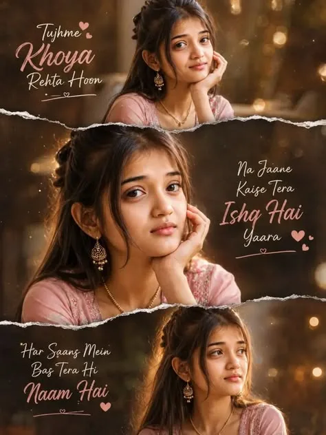 A romantic cinematic poster featuring a multi-panel collage of a beautiful young South Asian girl with long brown hair, styled with a
