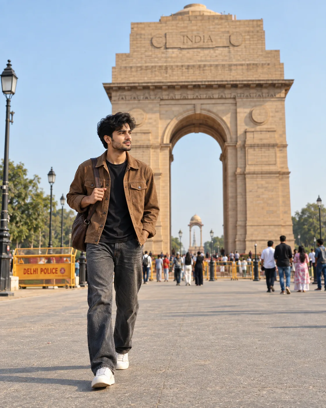 Create a highly realistic, ultra-detailed cinematic travel photograph of a young Indian man casually walking in front of the iconic India