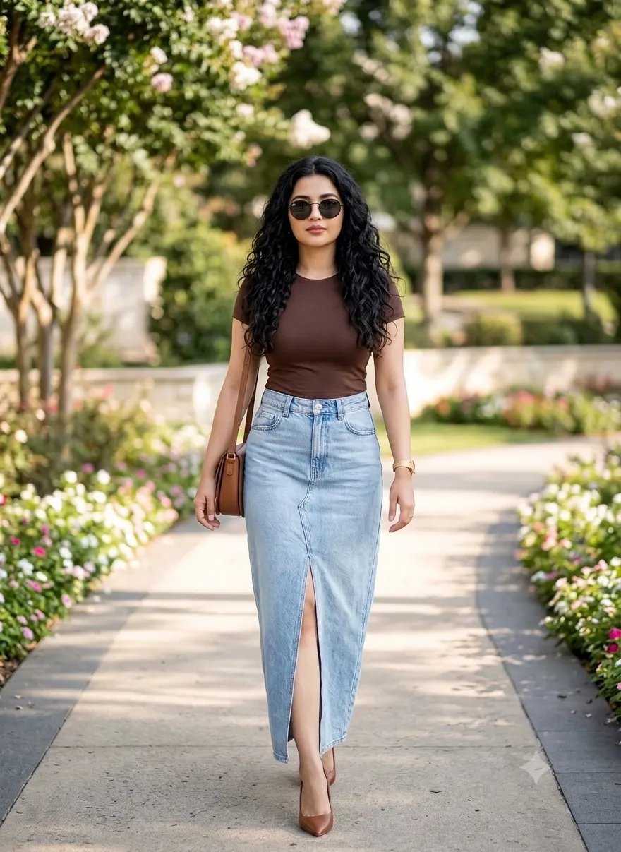 Prompt: Ultra-realistic full-body outdoor fashion portrait of a young woman walking through an elegant landscaped park.