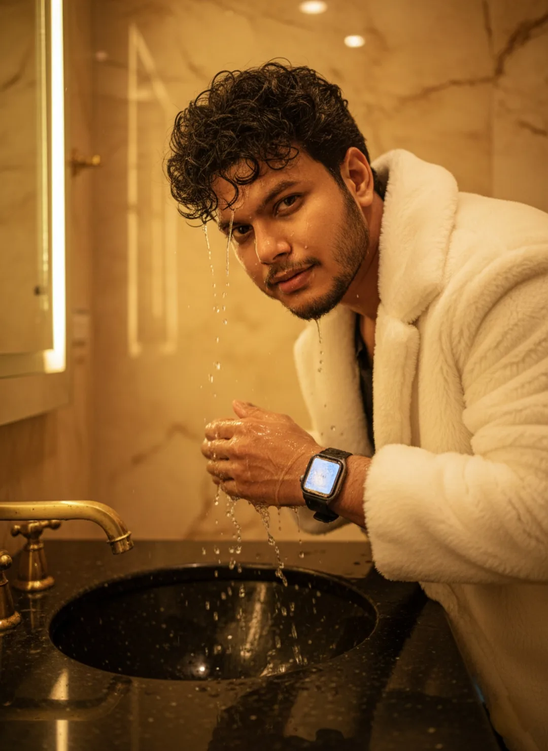 A young man with short curly dark brown hair and a short beard, face and hair wet with water droplets dripping from his chin and hair,