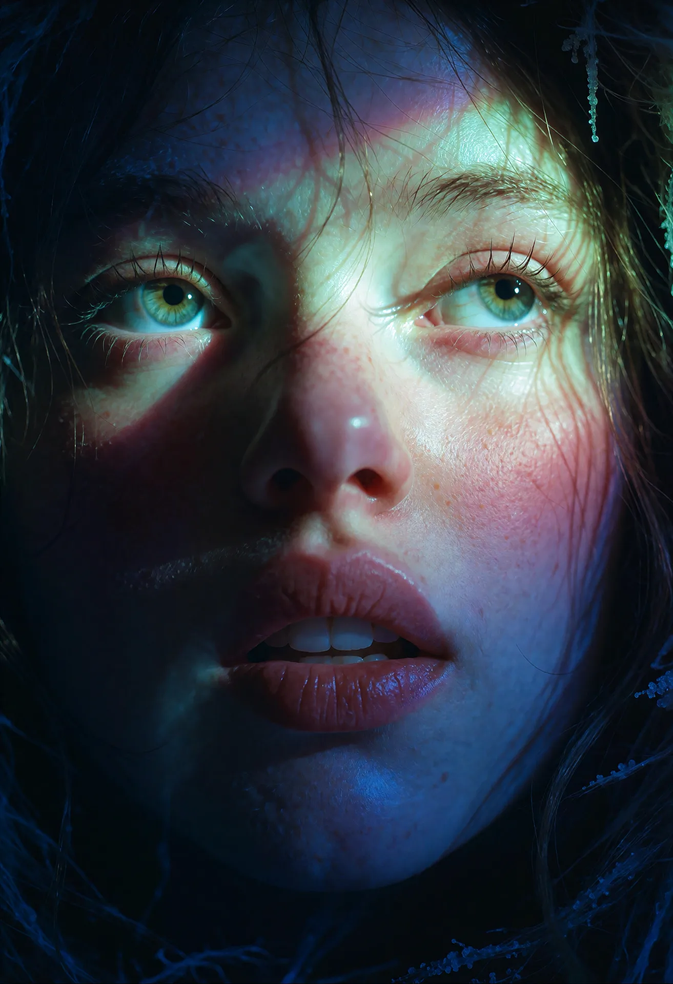 realism, A surreal cinematic macro portrait, exposed on Kodak ColorPlus 200 with soft warm grain and a light diffusion that gives a cold,