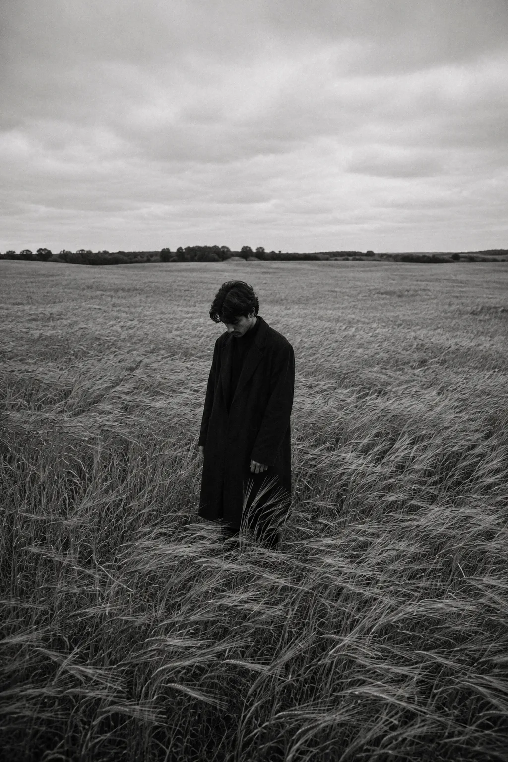 Create a highly realistic cinematic black-and-white fine-art photograph of a solitary young adult man standing alone in the middle of a