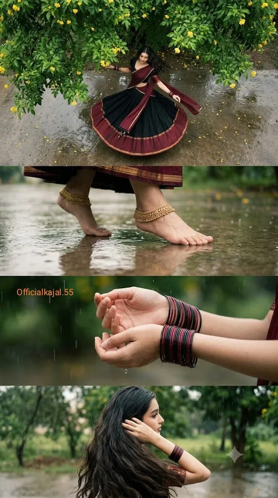@Officialkajal.55 Cinematic Top-Angle & Close-Up 4 panel image (Vertical 9:16 Aspect Ratio) A south Indian woman wearing a black and dark