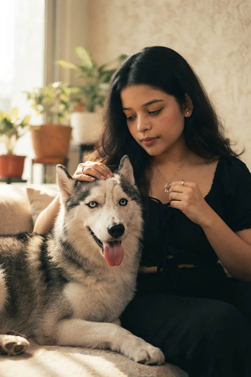 Create a highly realistic cinematic portrait of a loving pet owner with their beloved pet, keeping the owner's facial features, identity,