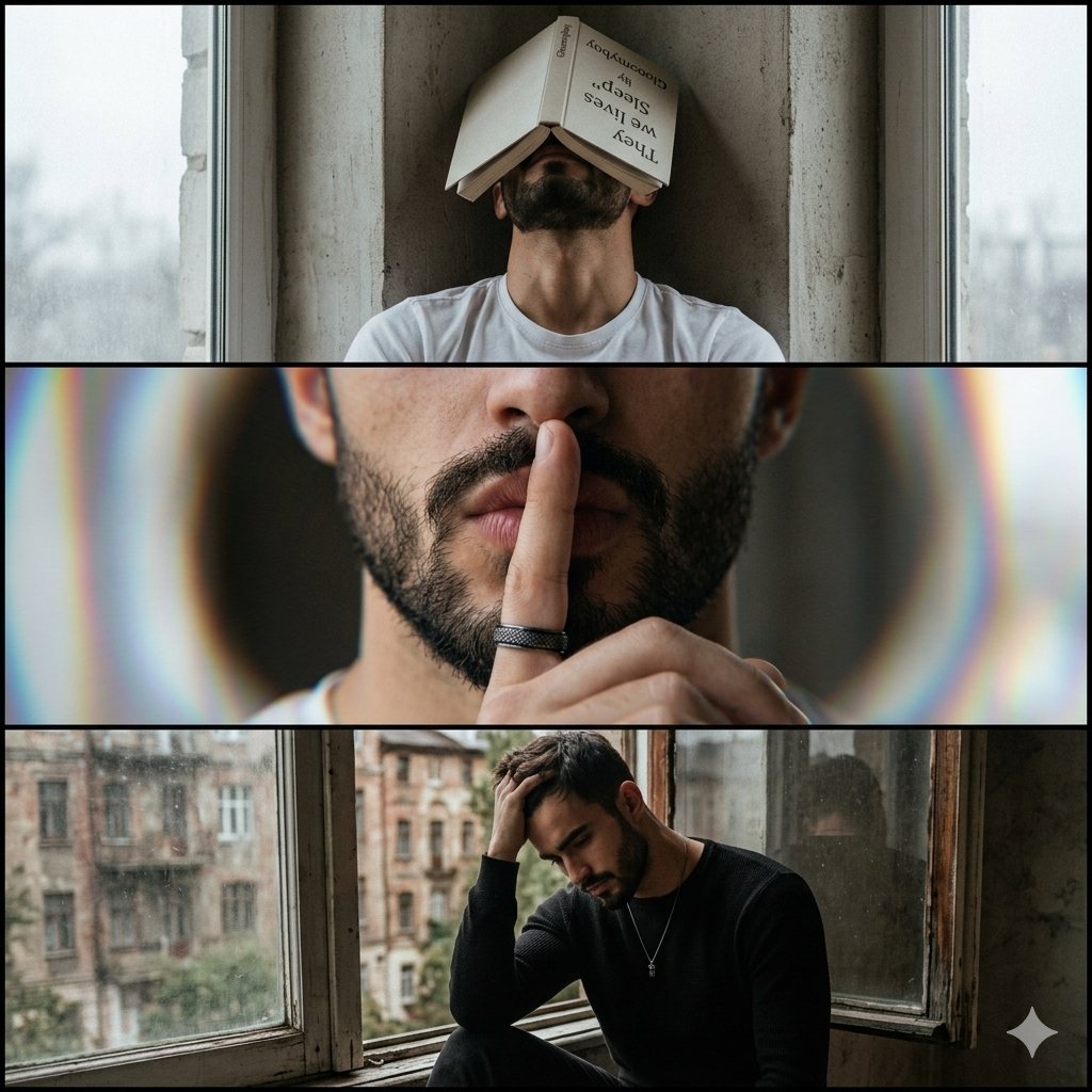 Image created on Gpt 2 Prompt: TOP PANEL (MED SHOT): A MAN LEANS AGAINST A CONCRETE CORNER WALL BY A CLOUDY WINDOW.