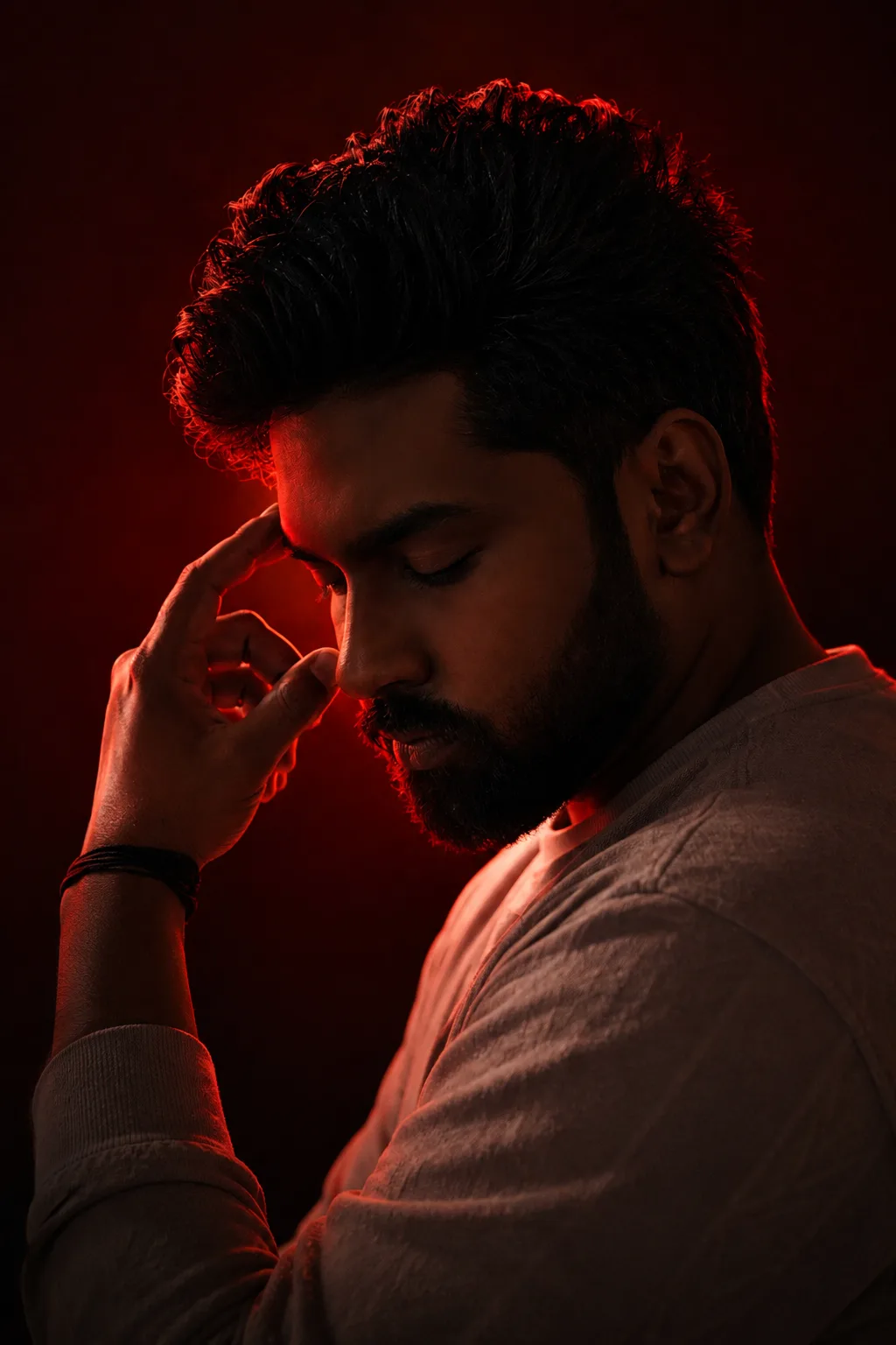 A dramatic side-profile portrait of a young South Asian man with styled short textured dark hair and a well-groomed beard, eyes gently