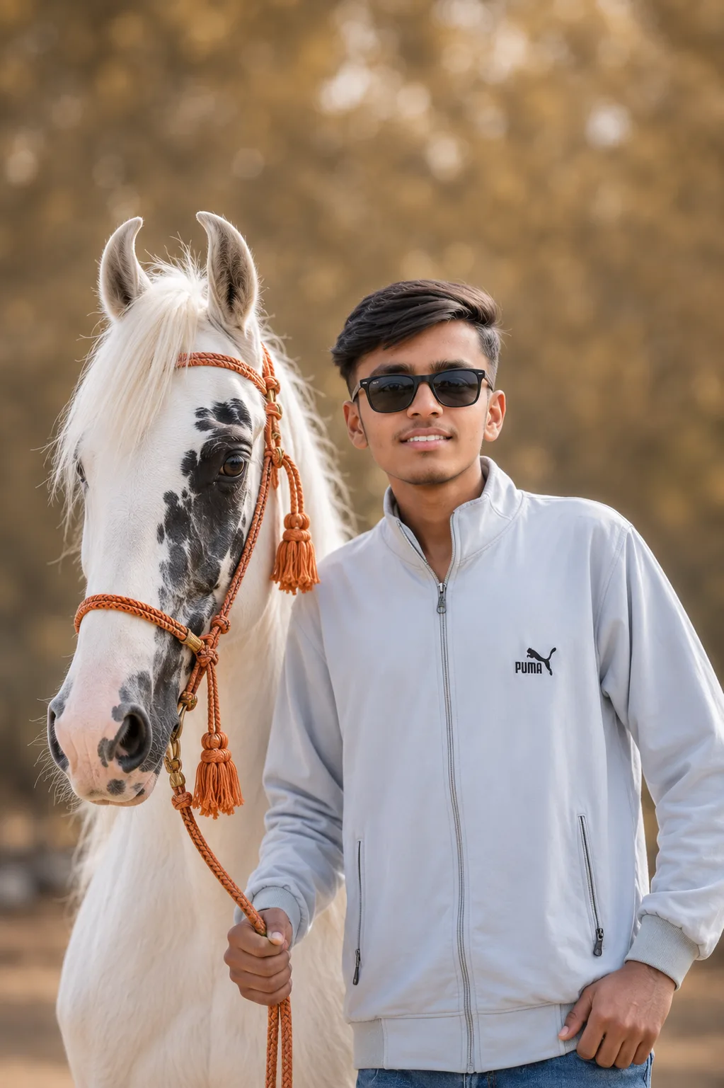 Create an ultra-realistic, high-resolution outdoor portrait photograph of a young Indian male standing beside a beautiful white horse.