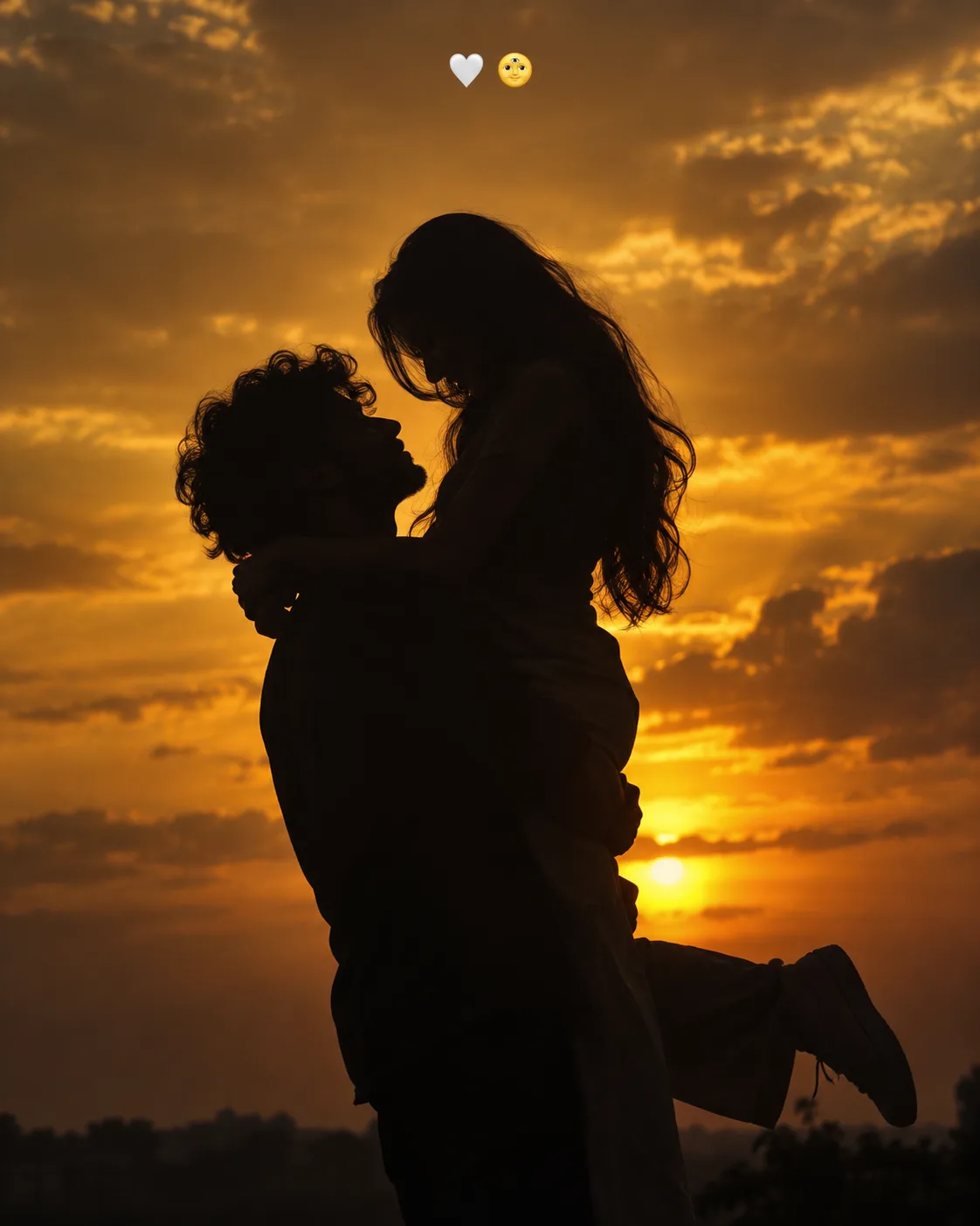 A dramatic silhouette portrait of a romantic young couple against a glowing, textured golden-yellow sunset sky background.