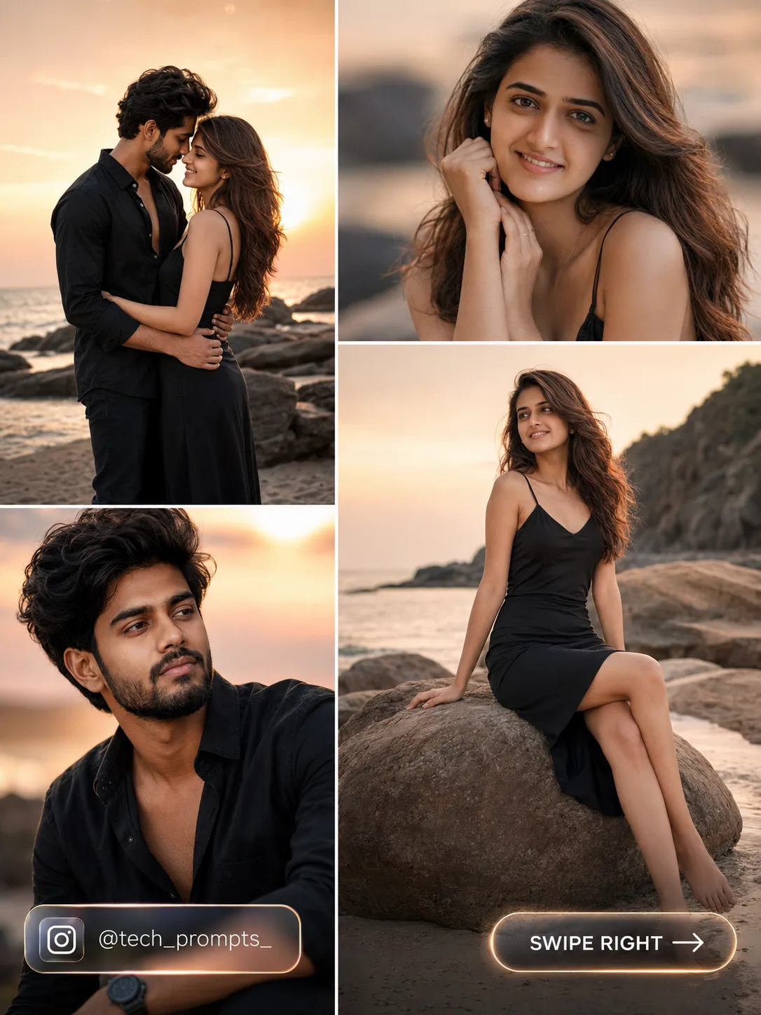 A professional 4k photography collage layout featuring an intimate South Asian couple during a romantic pre-wedding photoshoot on a rocky