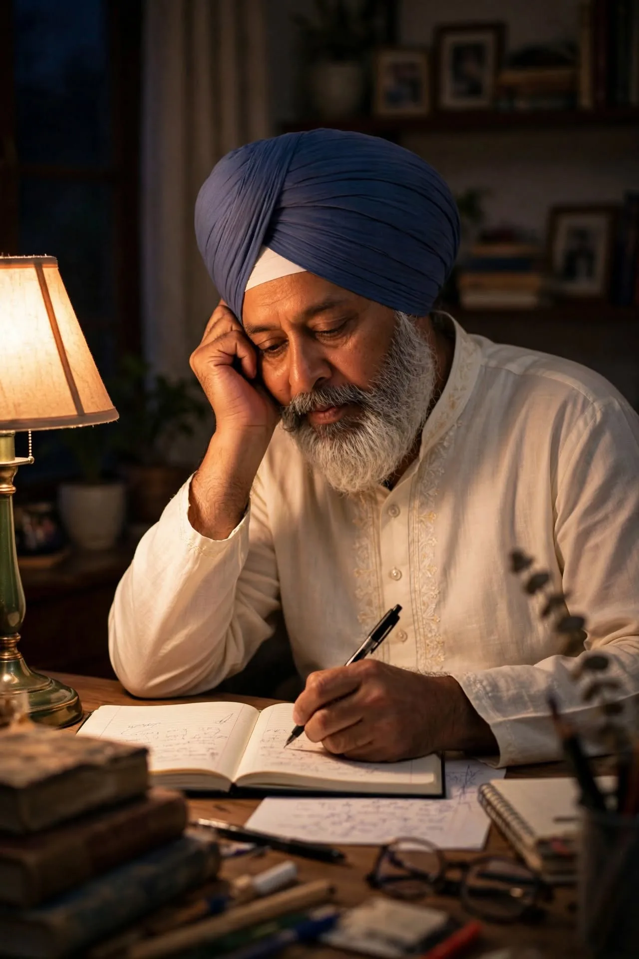 A warm candid editorial photograph of a Sikh man sitting at a study desk in a cozy dimly lit bedroom during late evening.