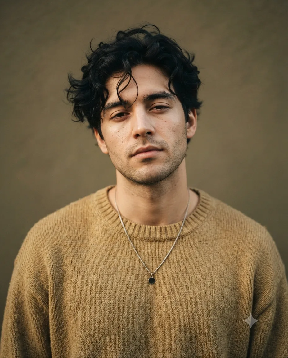 Create a photorealistic editorial portrait of a young adult man, preserving the subject's exact recognizable facial identity, natural