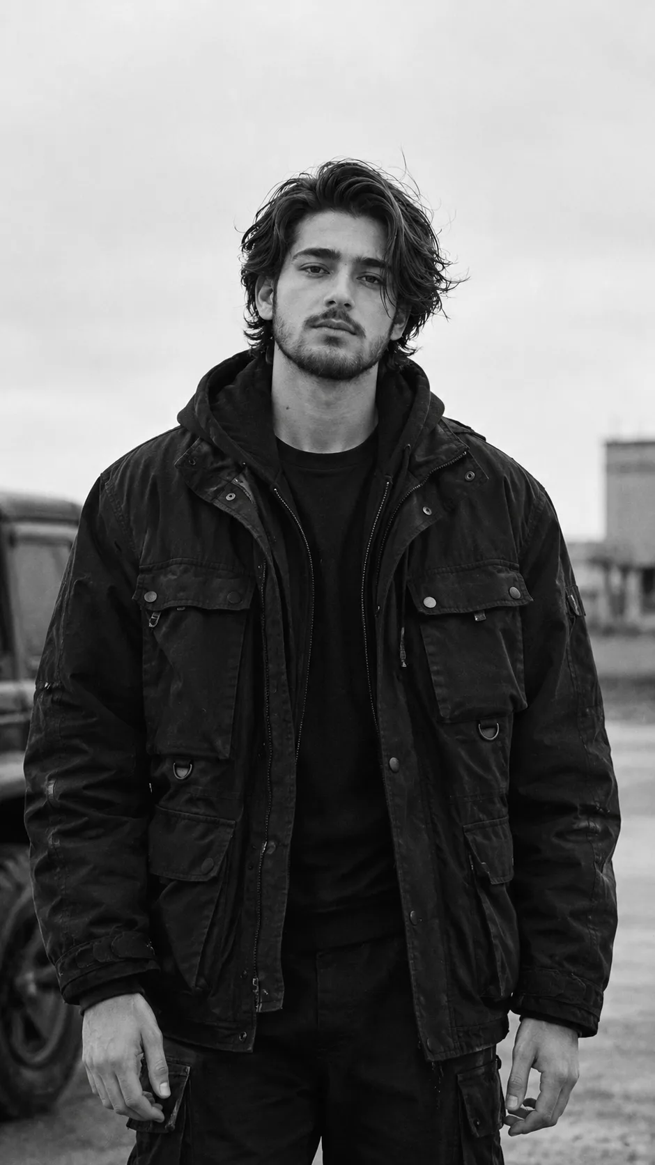Ultra-realistic black-and-white documentary-style portrait of a rugged handsome adult man standing outdoors, photographed straight-on at