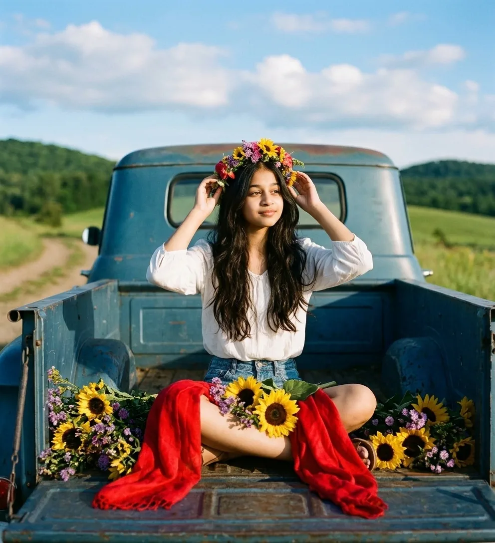 A serene and dreamy scene of a young woman in a picturesque setting.