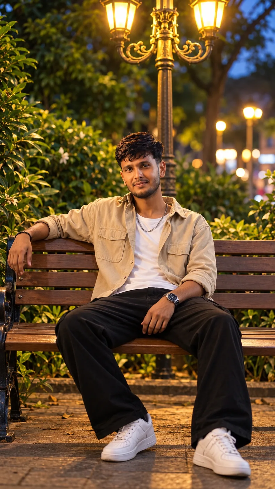 🌿 Cinematic Garden Bench Fashion Portrait — Prompt