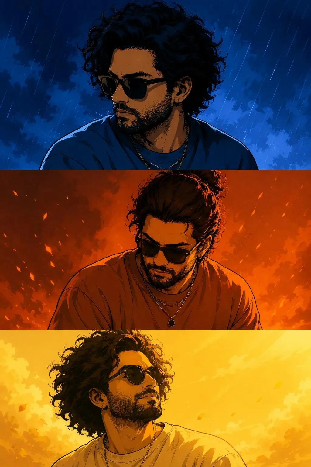 Create a triptych graphic poster on a vertical canvas divided into three horizontal panels, featuring the same Japanese manga-style