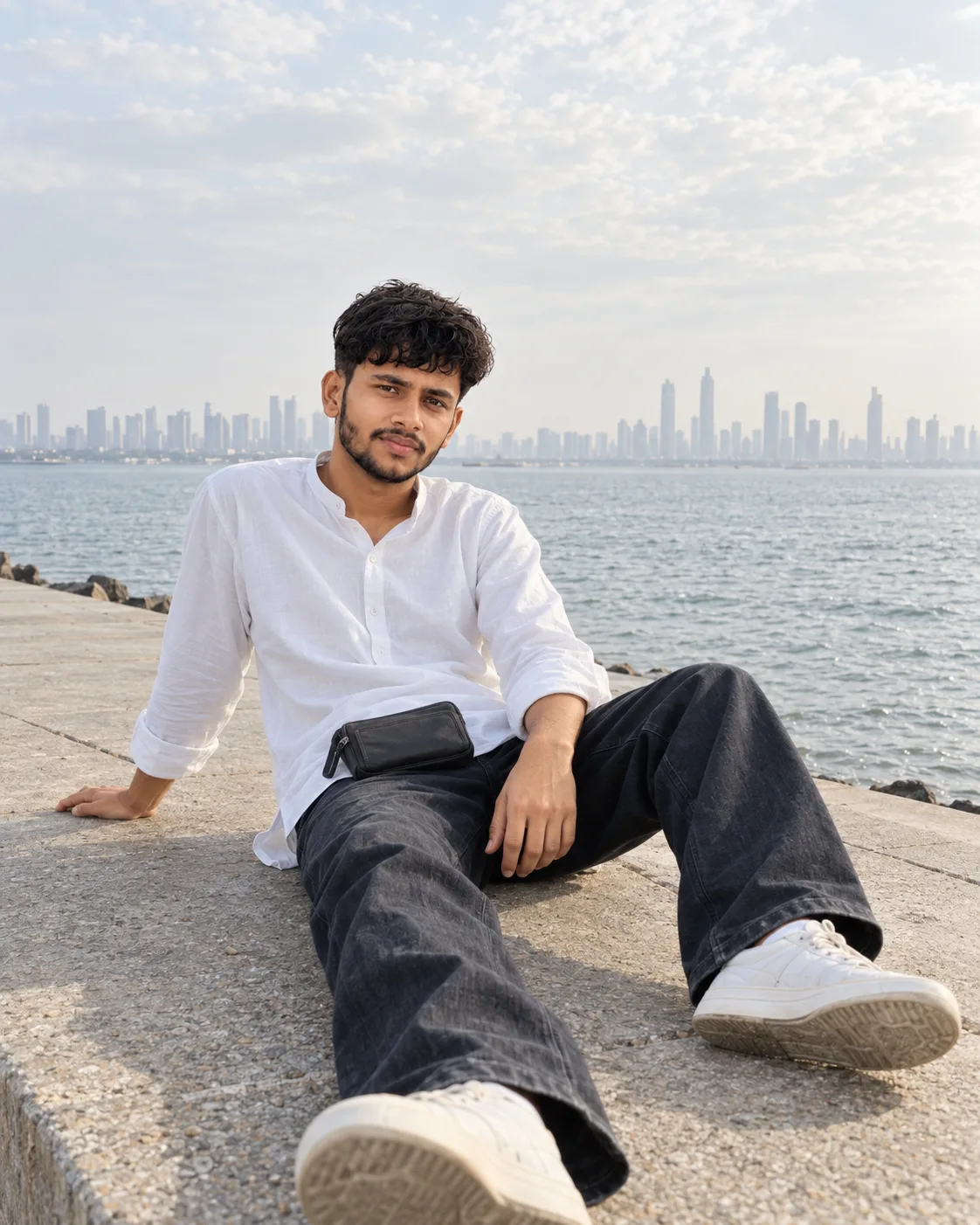A young man seated casually on a wide concrete waterfront promenade beside calm open water, full-body vertical portrait.