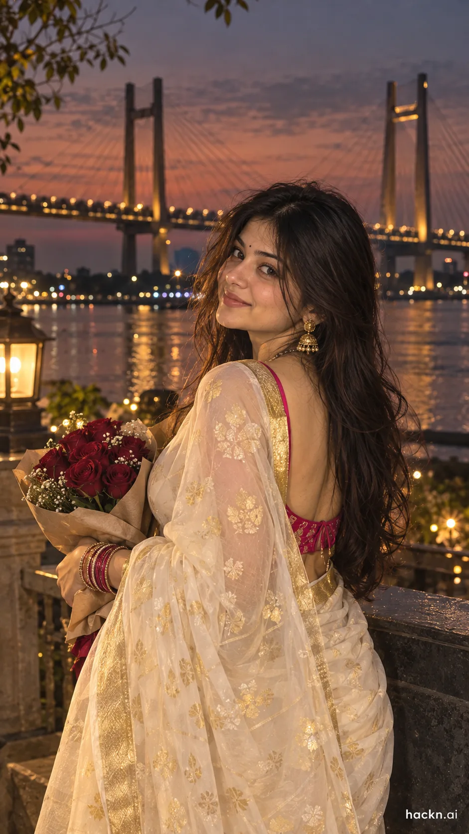 A soulful pre-wedding portrait of a smiling South Asian woman at dusk, wearing a traditional white and gold Jamdani saree with a bright
