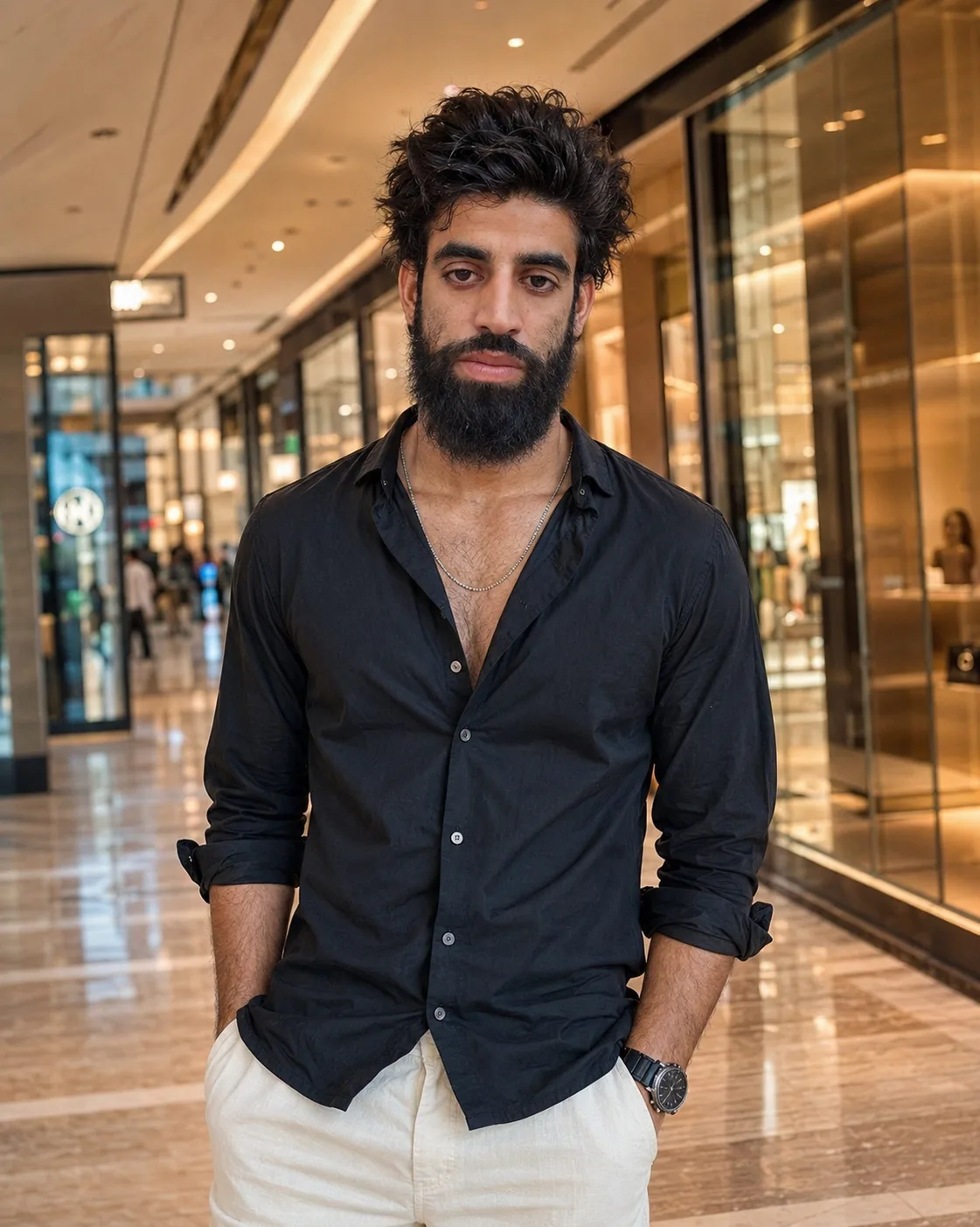 Create an ultra-realistic, high-end cinematic fashion portrait of a handsome young South Asian man standing confidently inside a modern