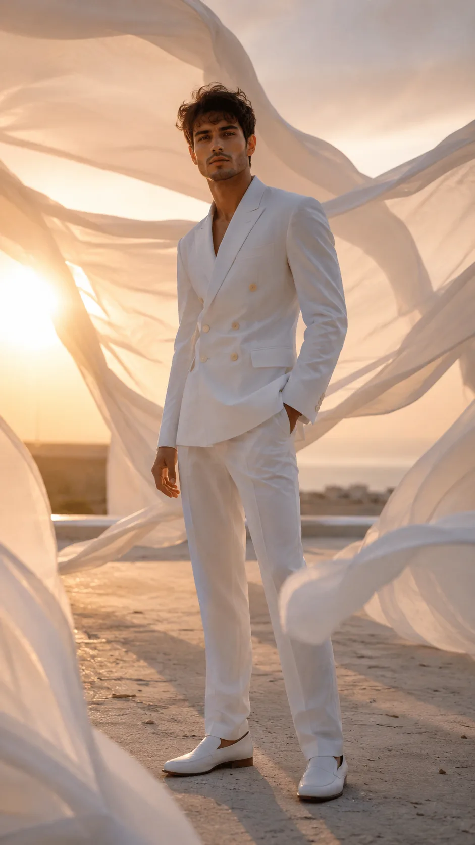 Full-body fashion photography of a handsome young man standing in a white double-breasted suit with white dress shoes.