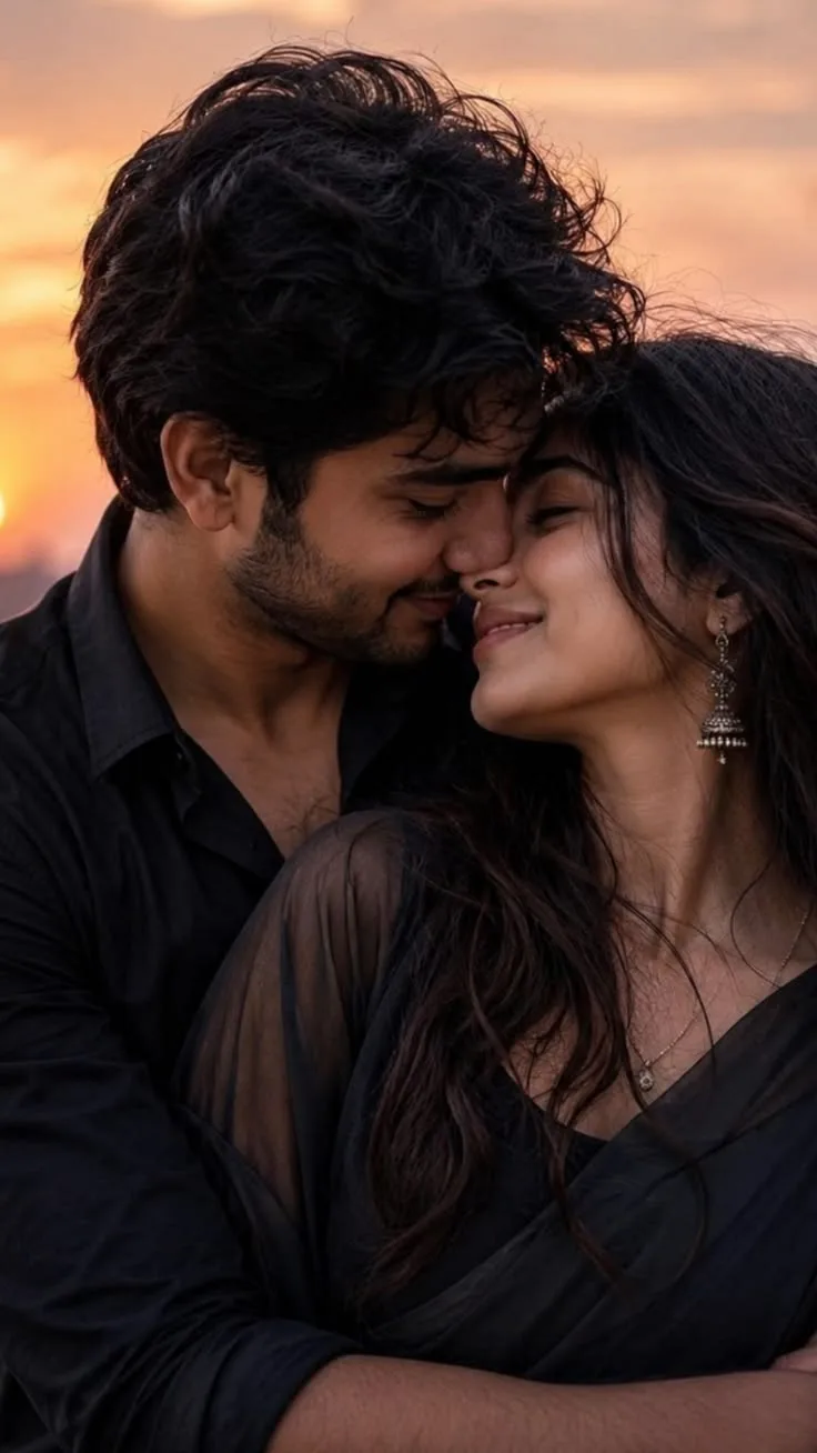 **Title:** A hyper-realistic cinematic portrait of a young South Asian couple in a tender, intimate embrace at golden hour.