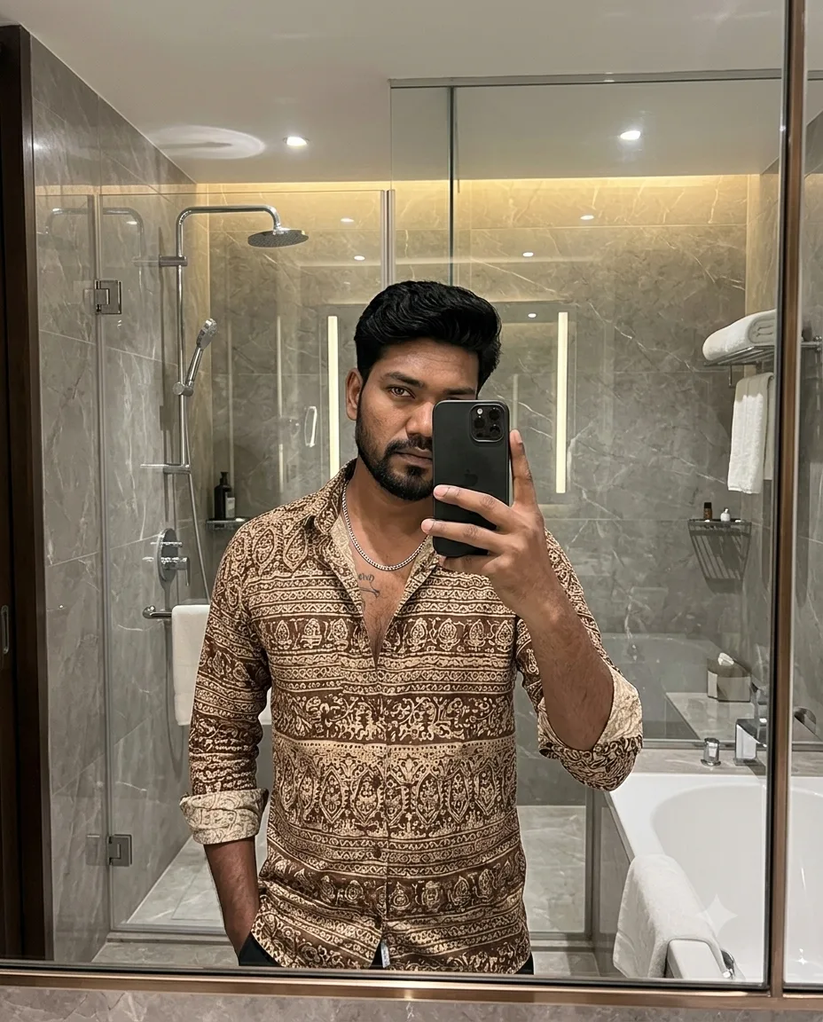 Ultra-realistic mirror selfie of a young South Asian man standing confidently inside a luxurious modern bathroom.