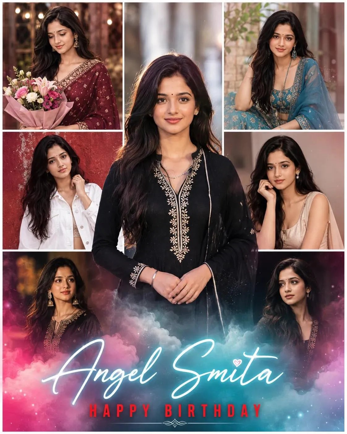 Luxury celebrity birthday collage poster, multiple portraits of a beautiful young Indian actress in an elegant scrapbook-style grid layout,