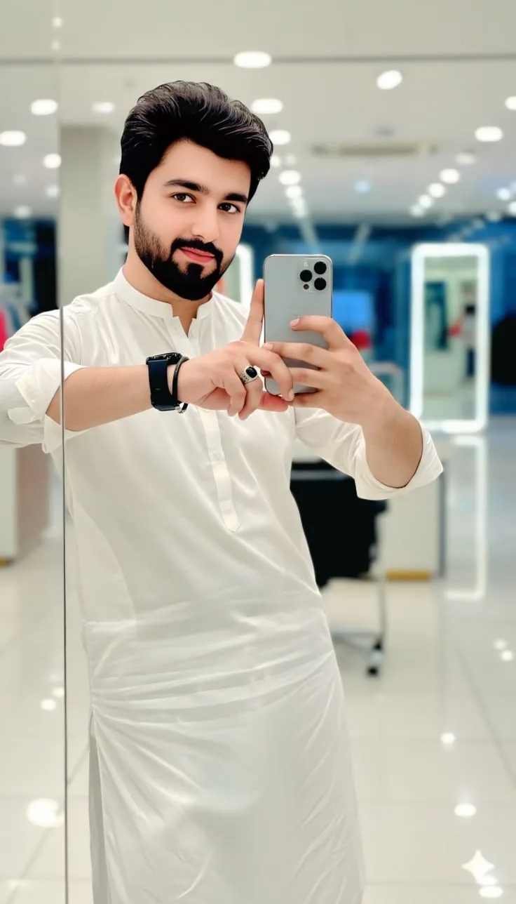 A realistic and clean photography-style mirror selfie of a handsome young South Asian man.