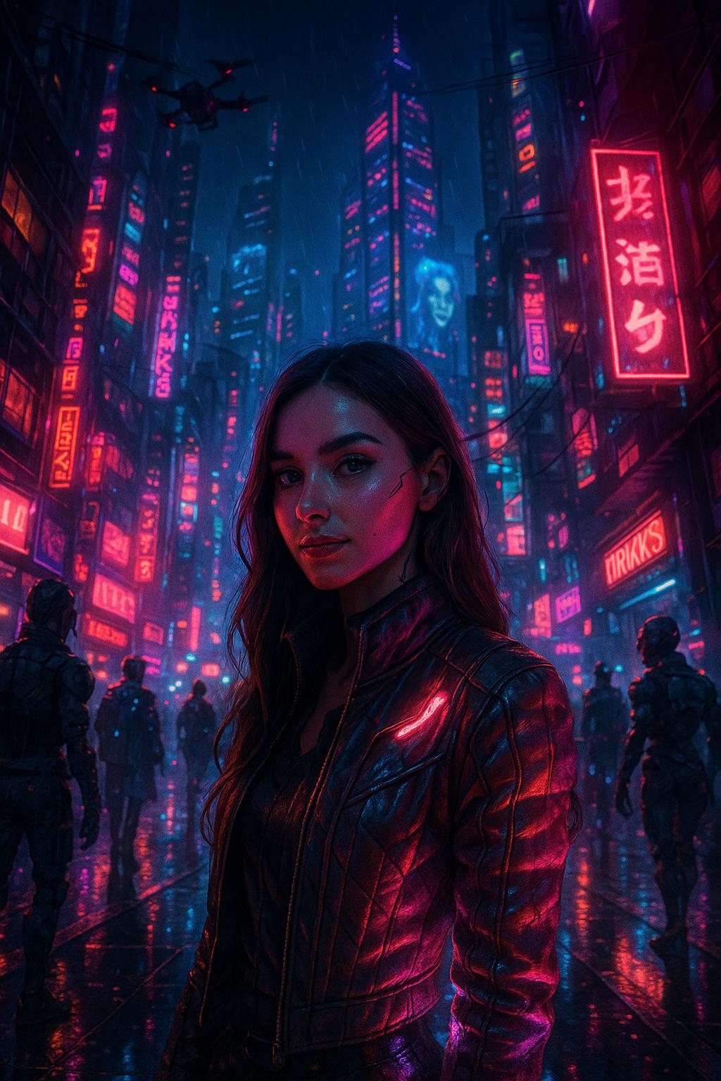 Transform this scene into an ultra-detailed cyberpunk cityscape at night, captured with a wide-angle lens from a low angle (worm’s-eye