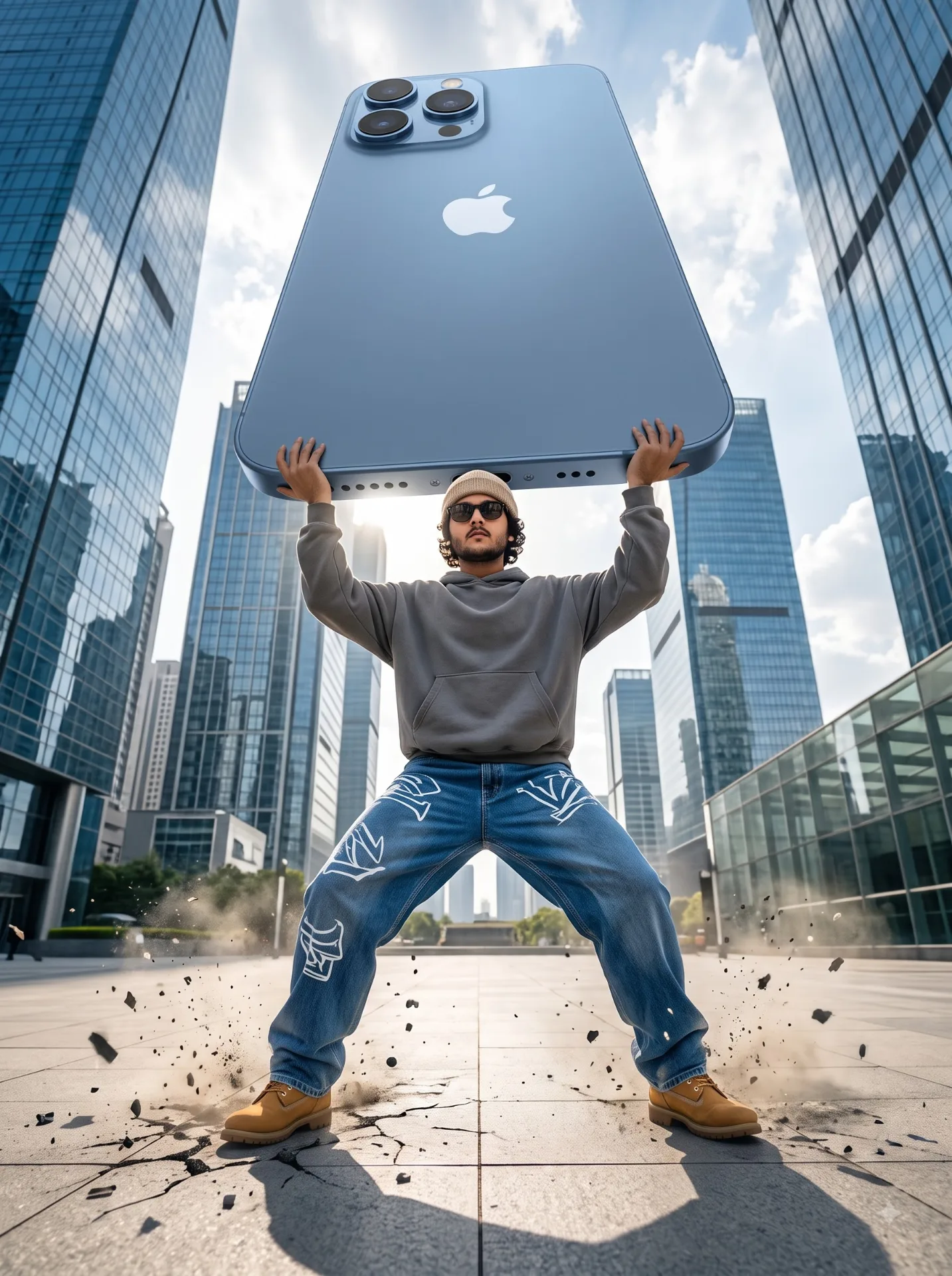 Create a hyper-realistic, cinematic scene of a stylish young man standing in the middle of a huge modern luxury city plaza surrounded by