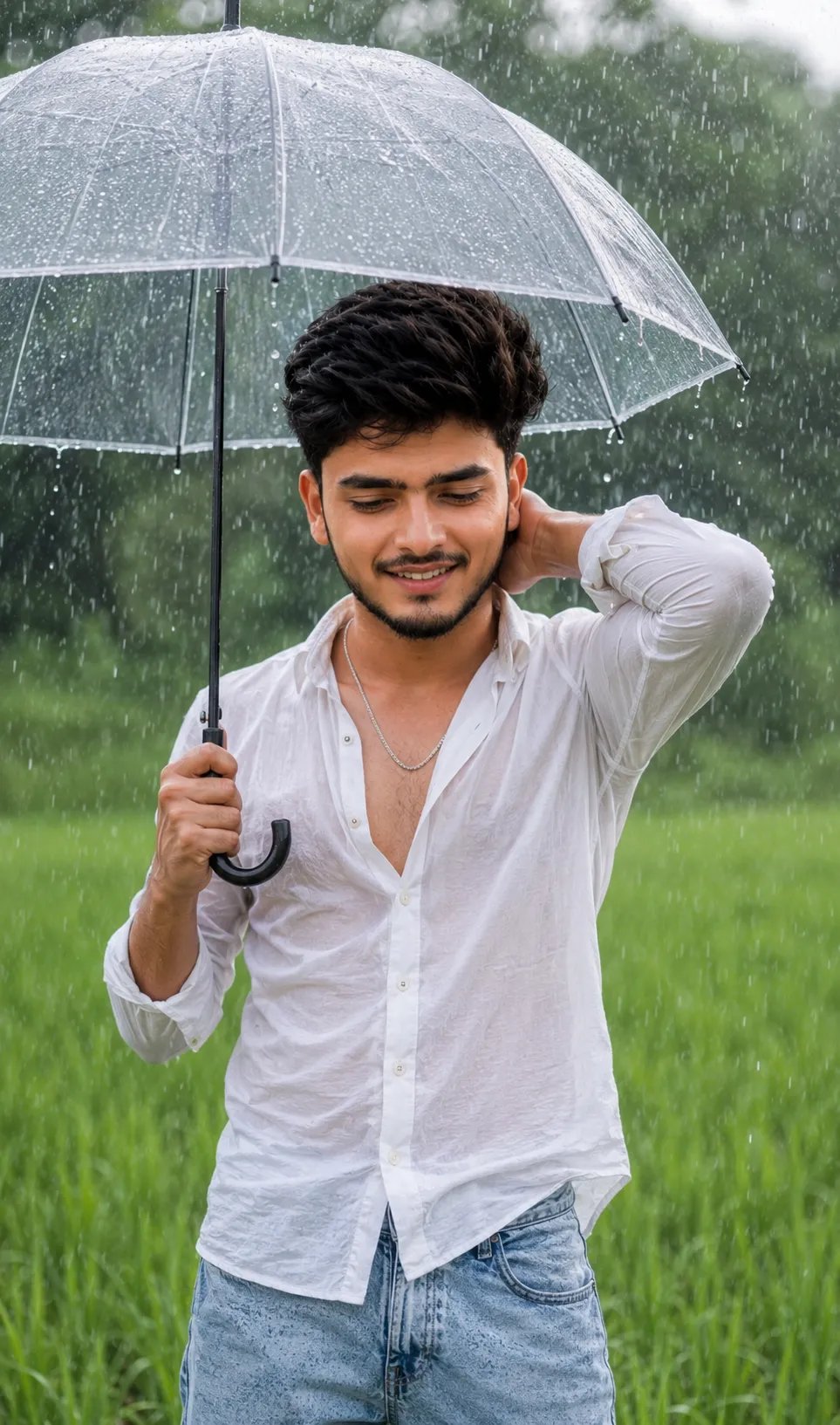 A highly detailed, realistic photograph of a boy with thick, voluminous dark hair and a well-defined beard, smiling warmly while looking
