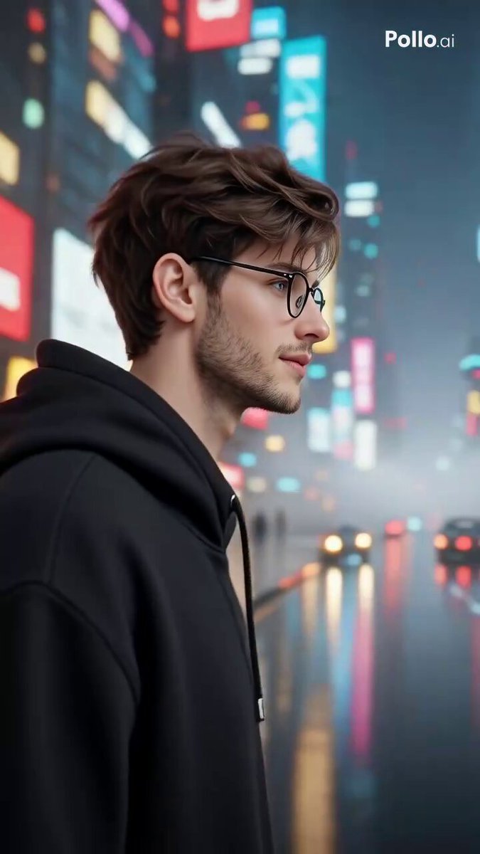 Young man in black hoodie walking through futuristic neon city.