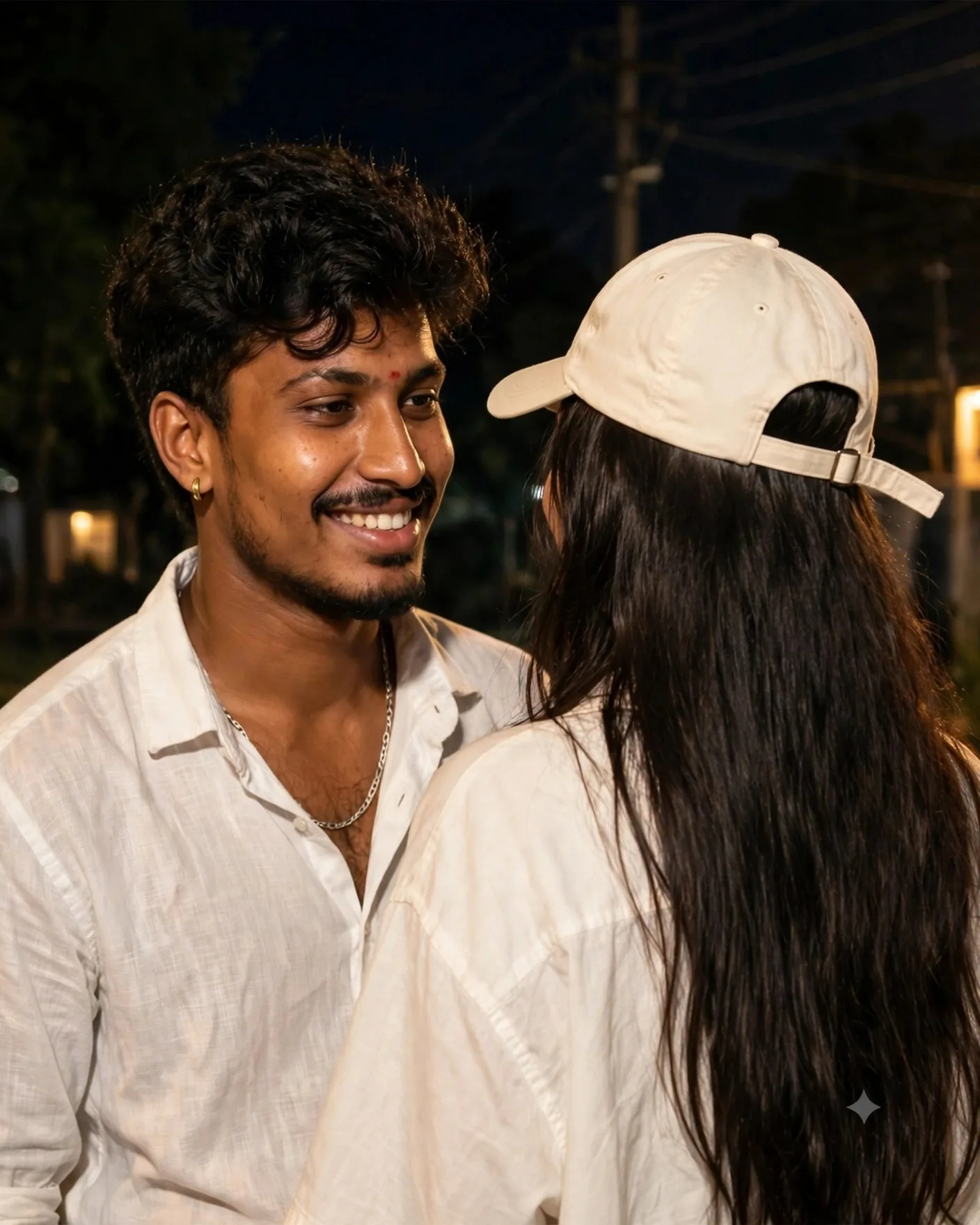 Ultra-realistic cinematic nighttime photograph of a young South Asian couple standing very close together outdoors in a dark setting.